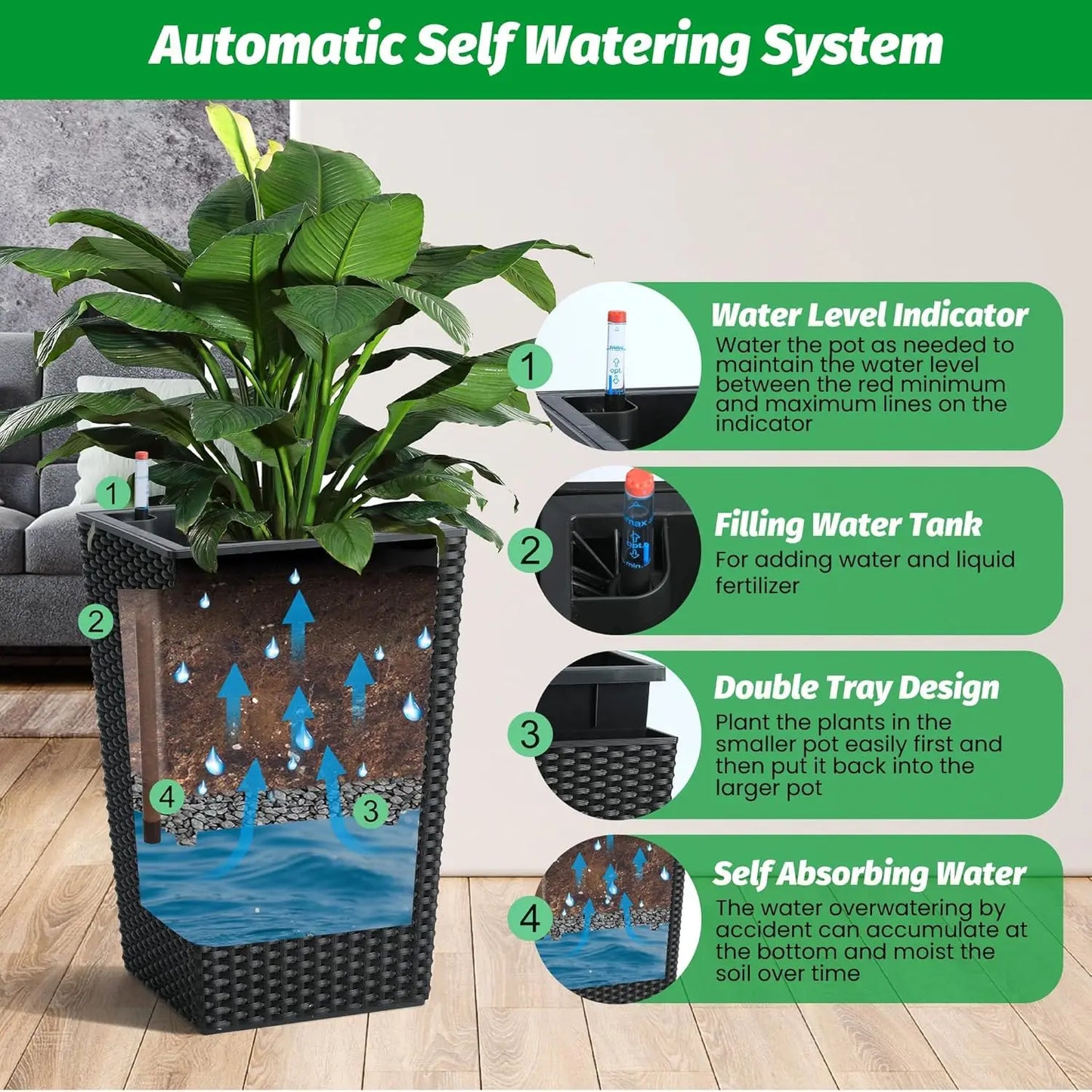 Outdoor Planters 16" Tall Flowers Plant Pots Set of 2 with Tray, Wicker Design & Water Level Gauge Indoor/Outdoor Garden Decor
