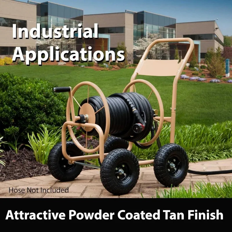 Industrial 4 Wheel 300 Foot of 0.625 Inch Hose Steel Frame Water Hose Reel Cart for Backyard, Garden, or Lawn, Beige