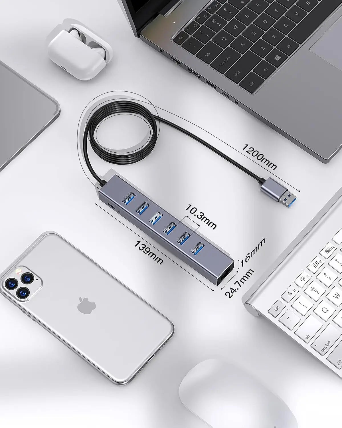 FORIDA 8 IN 1 USB 3.0 Hub 5Gbps 47.2inch Long Cable Network HUB 5V/3A Power Port 6PCS USB A 3.0 Adapter for Laptop PC