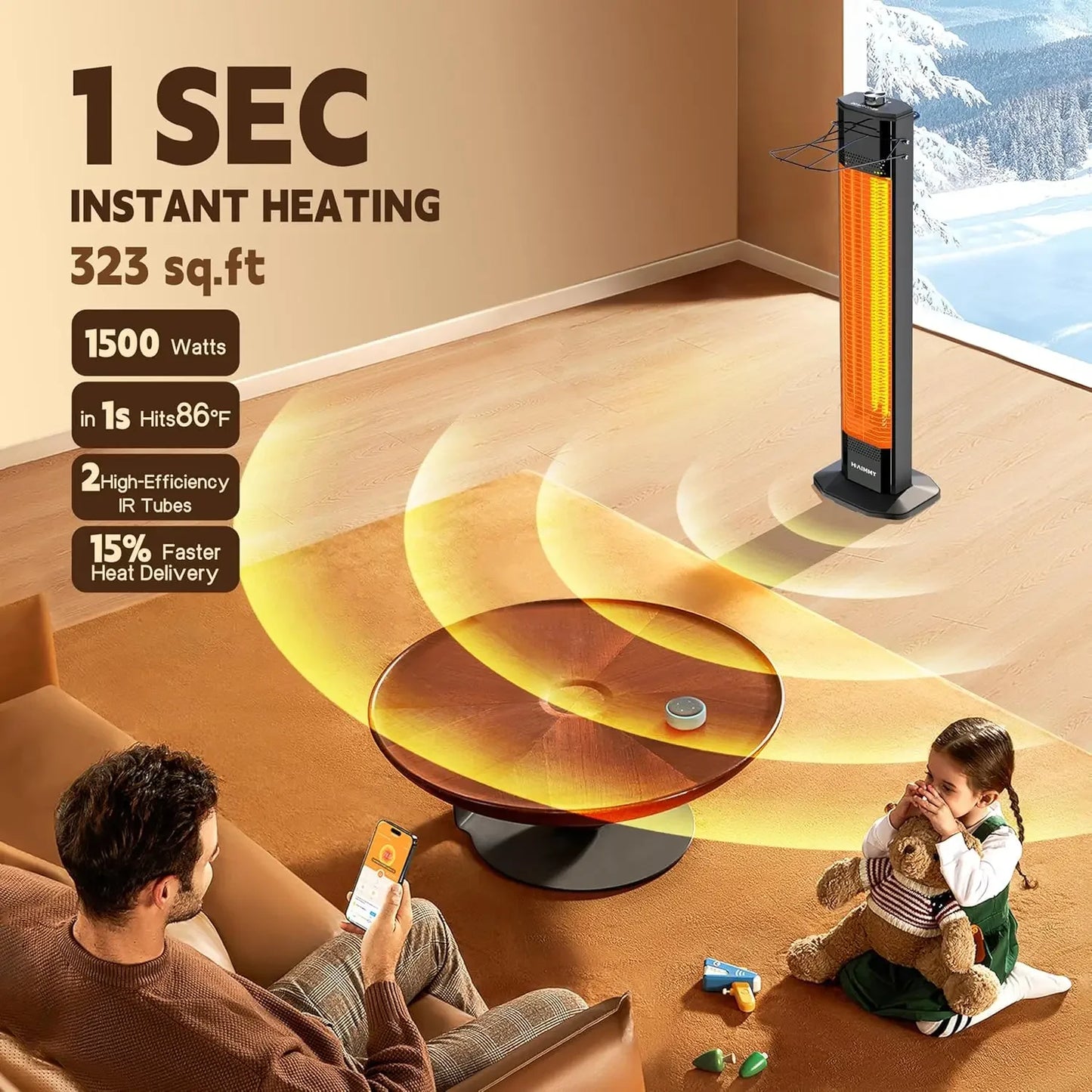 Outdoor Electric Patio Heater 34 Inch 3 Heat Levels IPX5