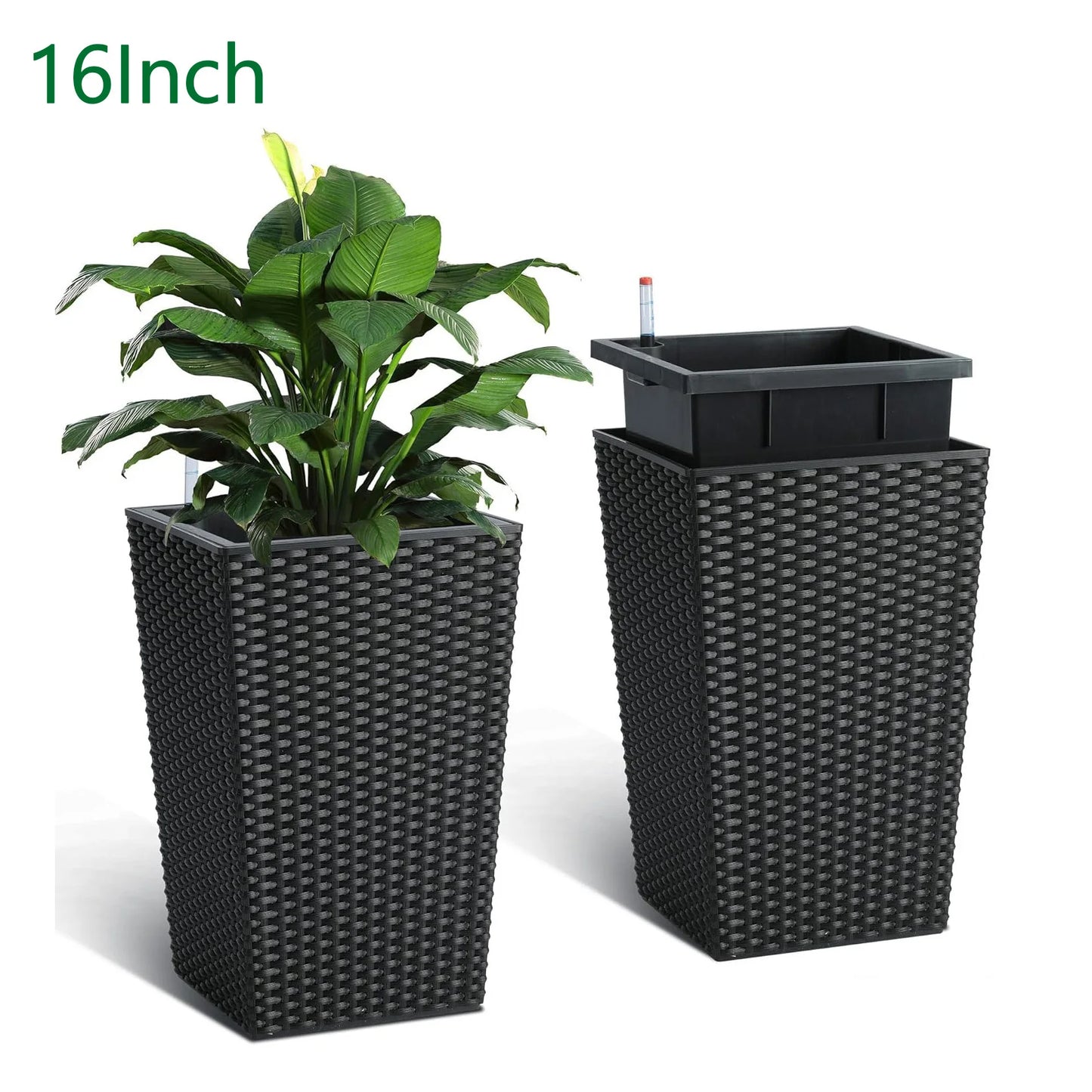 Outdoor Planters 16" Tall Flowers Plant Pots Set of 2 with Tray, Wicker Design & Water Level Gauge Indoor/Outdoor Garden Decor