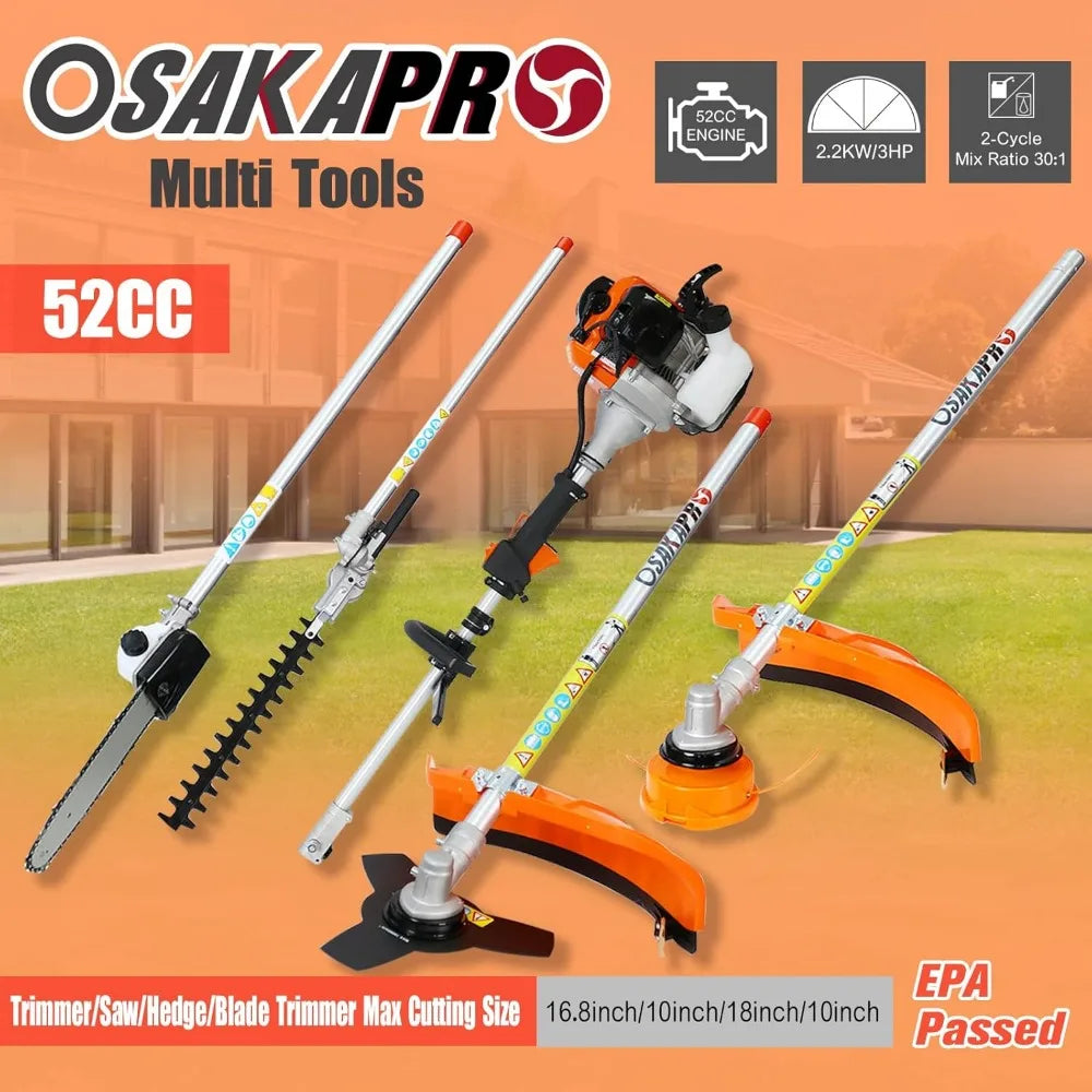 Hedge Trimmer, 4 in 1 Multi-Functional Trimming Tool, 52CC 2-Cycle Garden Tool System with Gas Pole Saw, Hedge Trimmer, Grass T