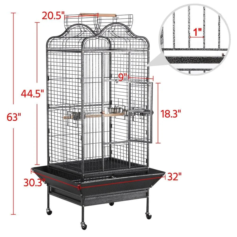 63'' Bird Cage with Stand Wrought Iron Rolling Open Play Top Large Bird Cage for Mini Macaw African Grey Amazon Parrot