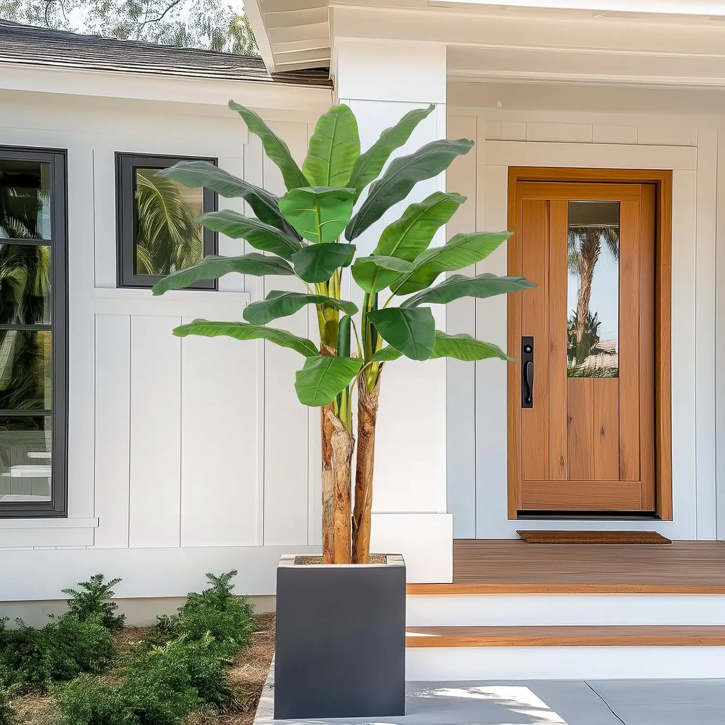 Artificial Banana Tree with Grey Planter, Artificial Plants with 11 Banana Leaves Plant for Home Office Decor