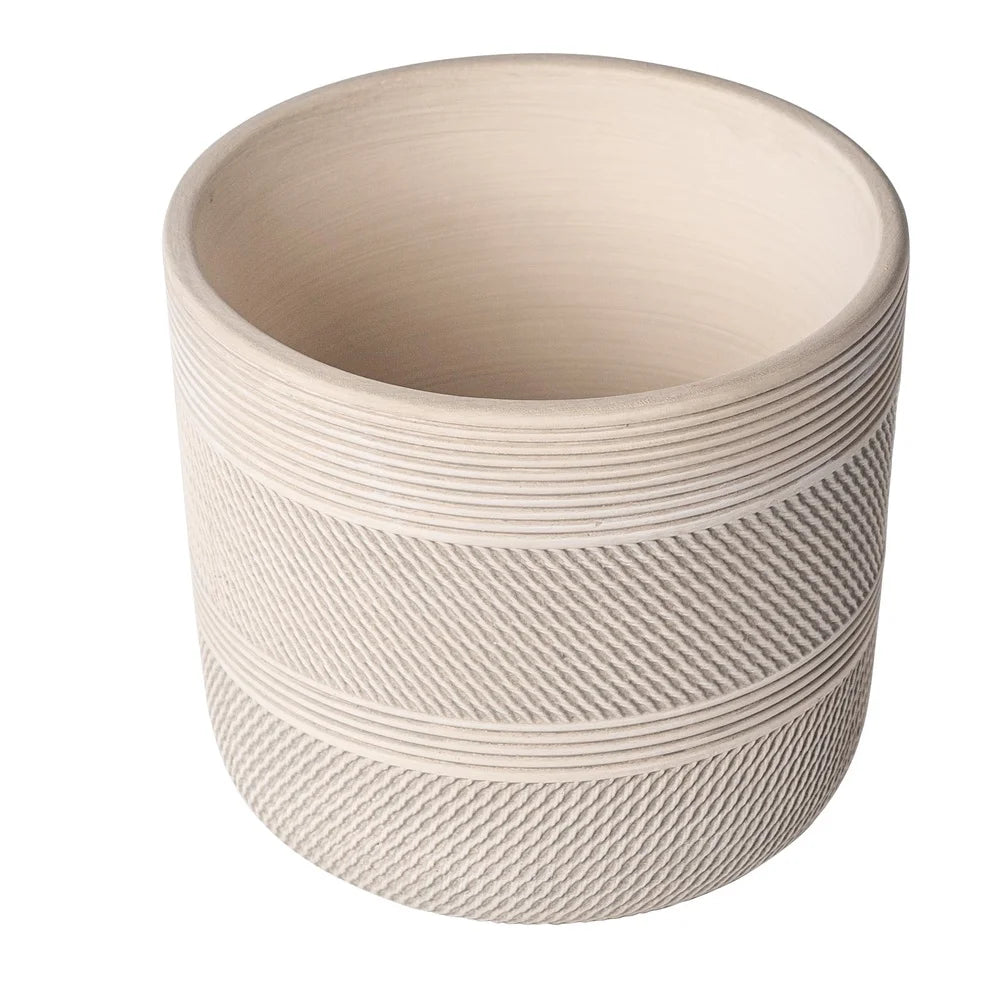 Round Ceramic Planter With Drainage Holes Grooved Indoor Pot