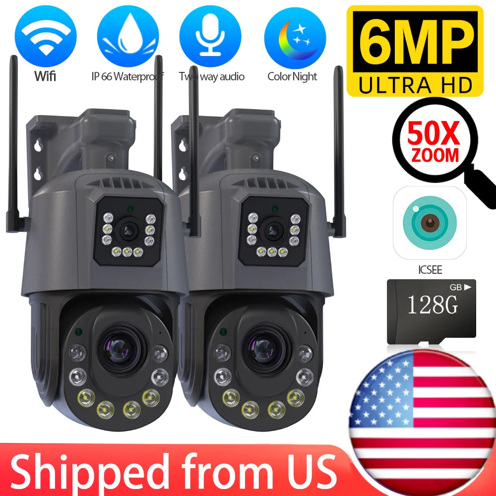 50X Optical Zoom Dual Lens PTZ Wifi Camera Outdoor Audio 150-200M 6MP Color NightVision IP Camera iCsee With 128G TF Card P2P