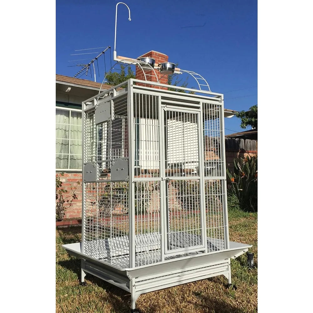 White Extra Large 28"x22"x65"H Double Ladders Open Play Top Wrought Iron Bird Parrot Parttot Finch Macaw Cockatoo Cage, Include