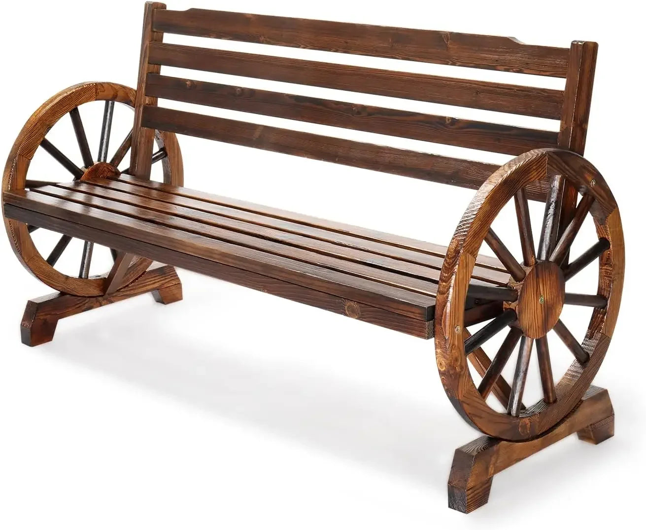 Outdoor Rustic Wooden Bench With Wagon Wheel Arms 3 Seats
