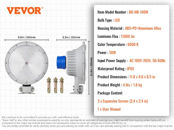 VEVOR LED Barn Light 50W 5500LM 6000K Daylight Flood Light