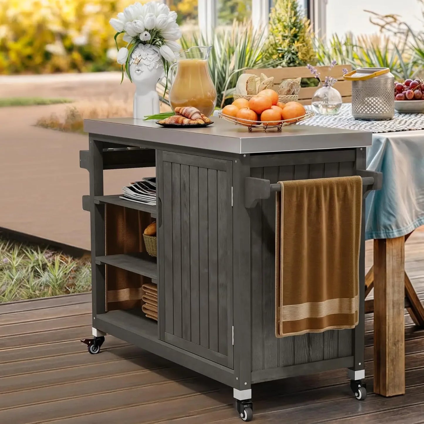 XL Solid Wood Outdoor Grill Cart With Spice Rack And Table