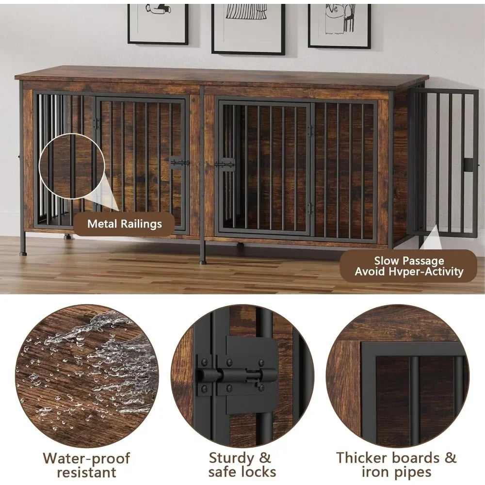 78 Inch Dog Cage Furniture for 2 Dogs, Extra Large Double Dog Crate Furniture Large Breed, 78.74"L x 27.56"W x 32.68"H