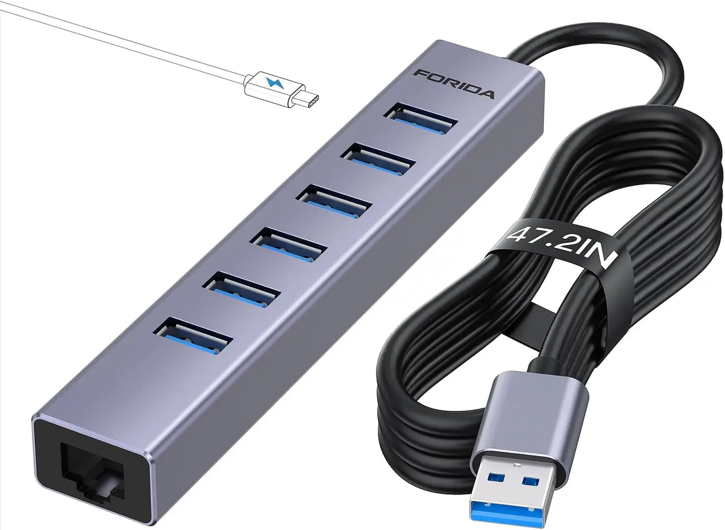 FORIDA 8 IN 1 USB 3.0 Hub 5Gbps 47.2inch Long Cable Network HUB 5V/3A Power Port 6PCS USB A 3.0 Adapter for Laptop PC