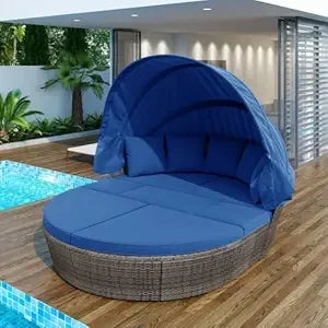 Patio Rattan Round Daybed with Retractable Canopy, Wicker Sofa Sunbed with Removable Cushions,for Outdoor Backyard Porch Lawn Ga
