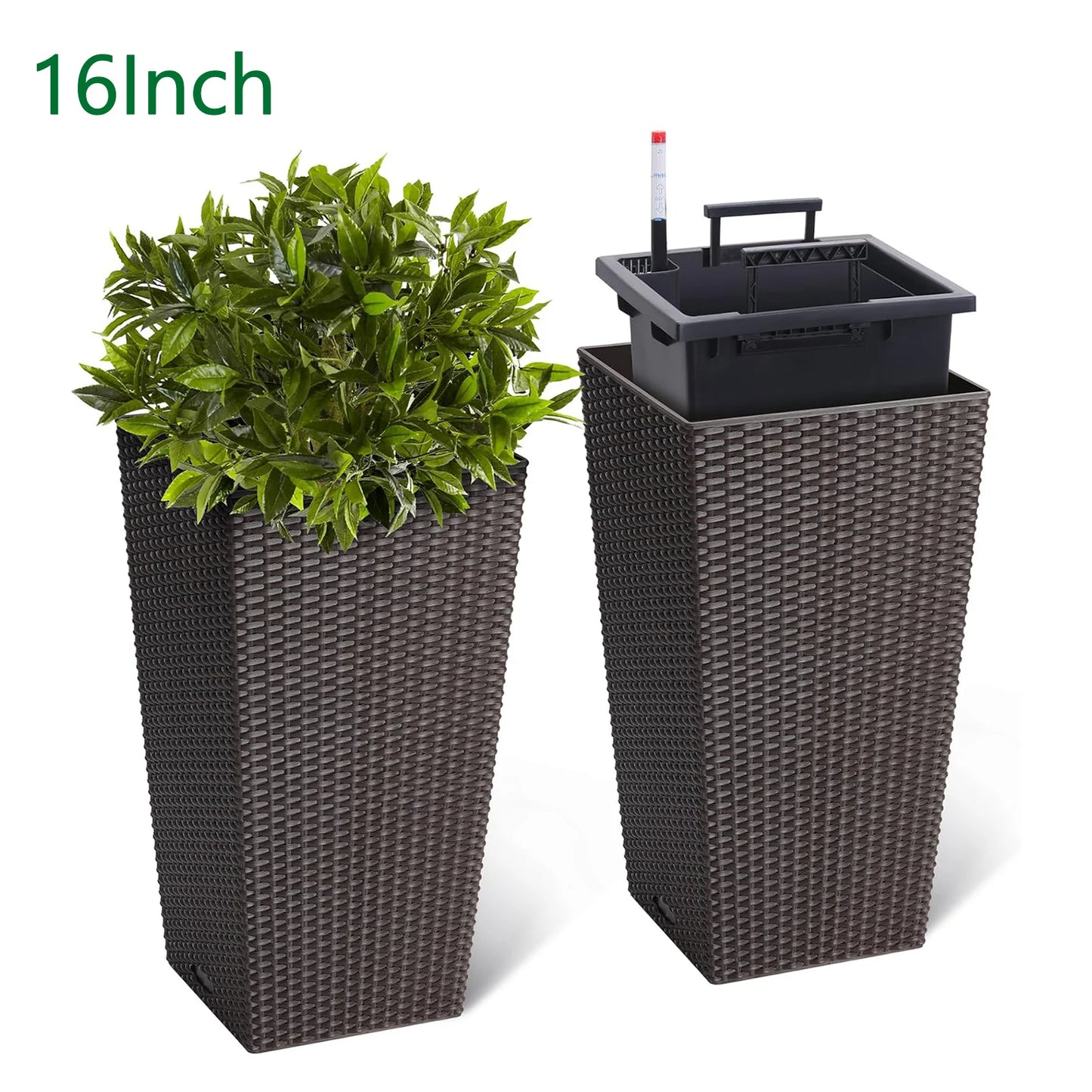 Outdoor Planters 16" Tall Flowers Plant Pots Set of 2 with Tray, Wicker Design & Water Level Gauge Indoor/Outdoor Garden Decor