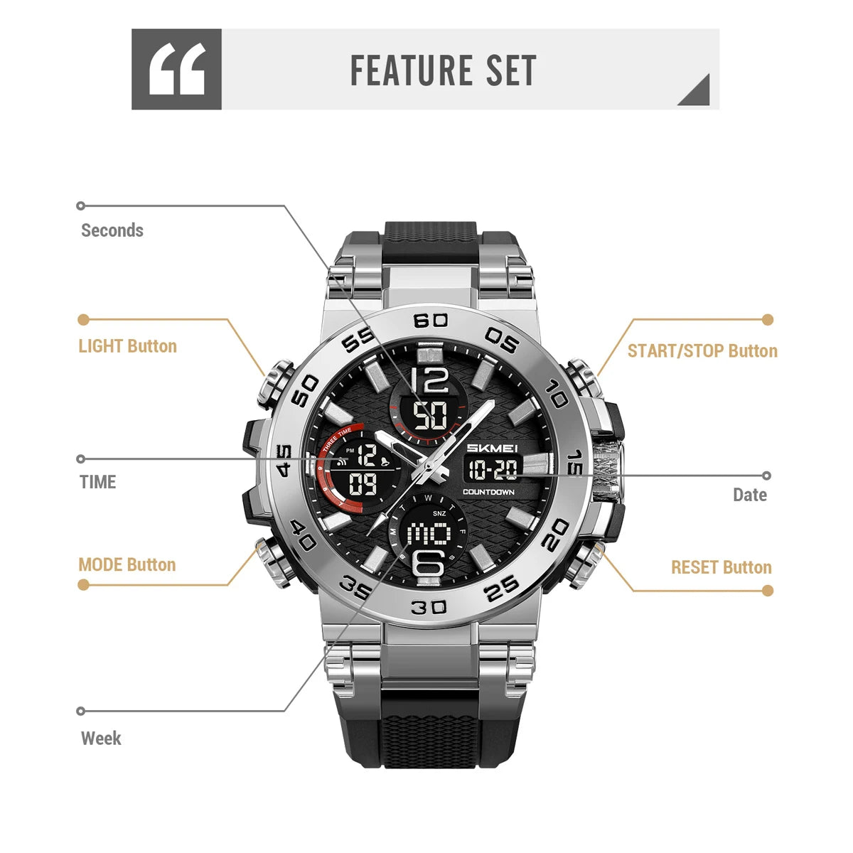 Skmei Waterproof Alarm Clock Wristwatch Dual Display For Men