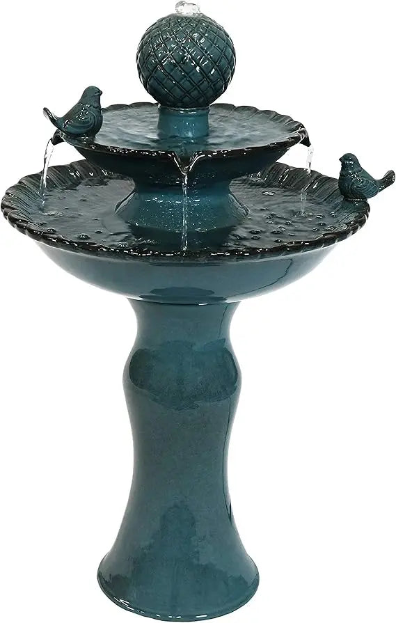 Two Level Ceramic Outdoor Water Fountain Blue Garden Decor
