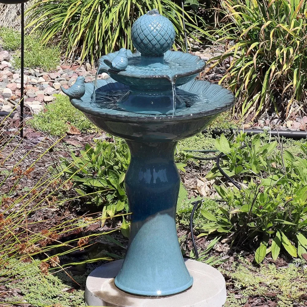 Two Level Ceramic Outdoor Water Fountain Blue Garden Decor