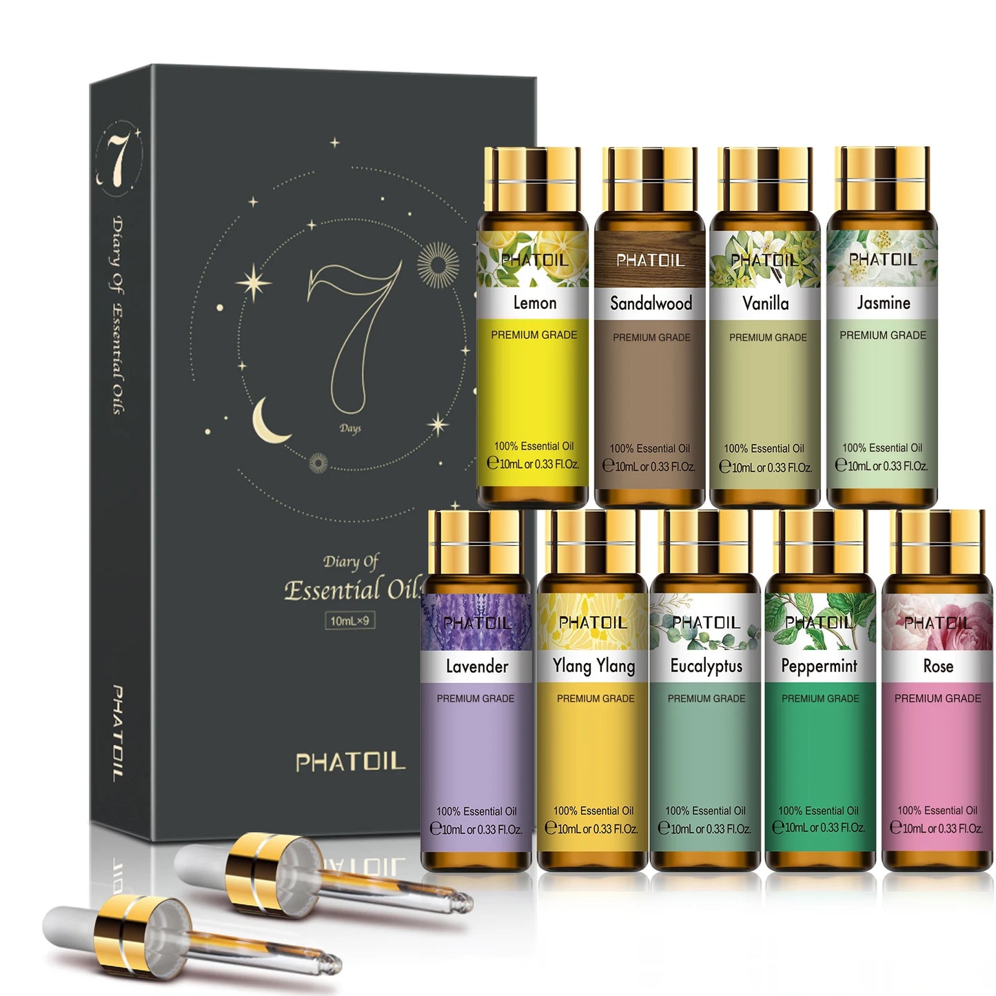 Phatoil 9pcs Gift Set 10ml Pure Natural Essential Oils Kit Vanilla Sandalwood Neroli Helichrysum Lemon Eucalyptus Spearmint