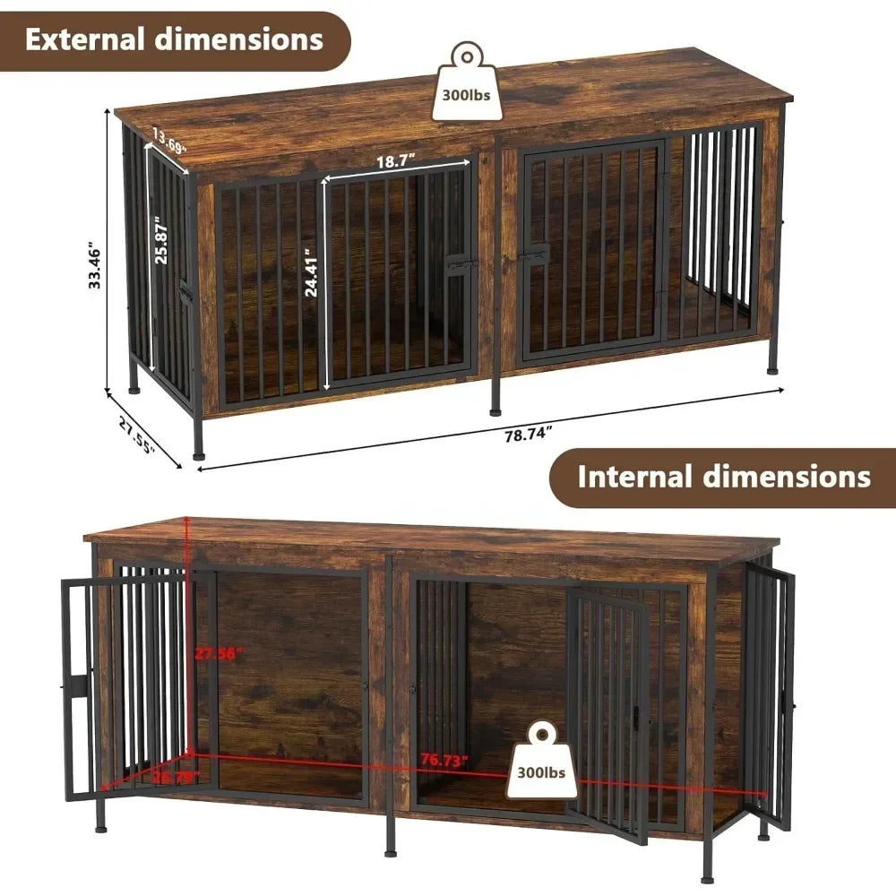 78 Inch Dog Cage Furniture for 2 Dogs, Extra Large Double Dog Crate Furniture Large Breed, 78.74"L x 27.56"W x 32.68"H