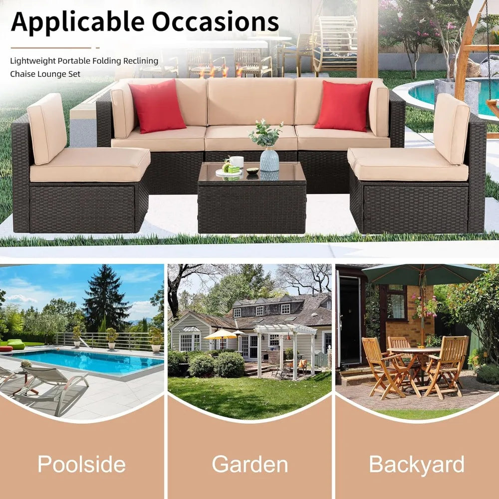 Six Piece Patio Garden Set With PE Rattan Glass Table