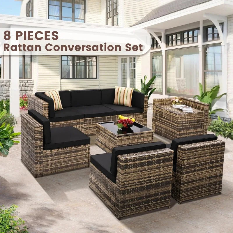8 Piece Outdoor Wicker Patio Sectional Set With Glass Table