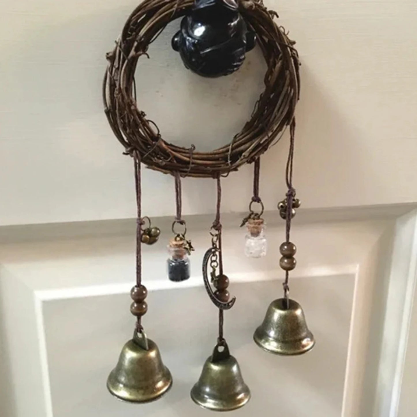 2PCS Handmade Hanging Witch Bell Protection Door Hanger Witch Wind Chime Wreath Magic Wind Chime Pendant Home Door Craft Decor