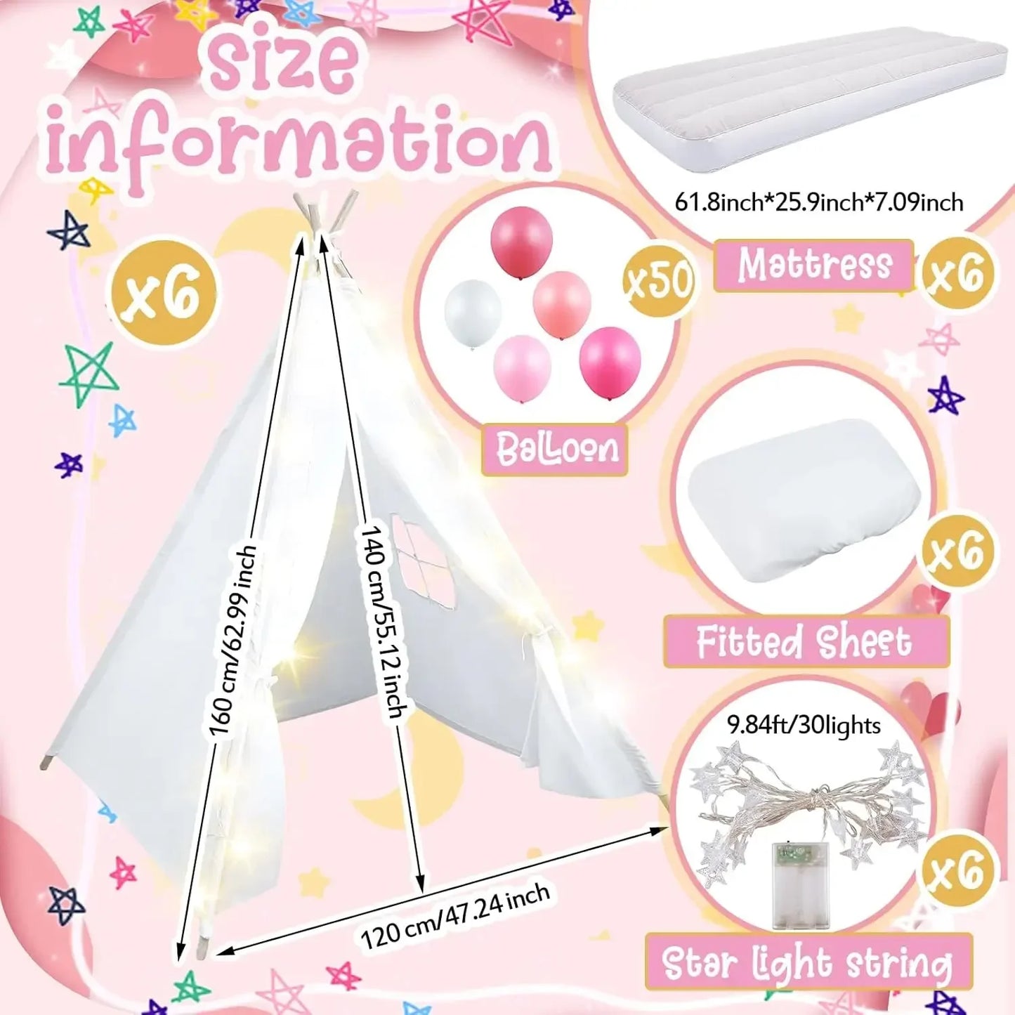 6 Pack Sleepover Teepee Tents for Kids With Mattress Sheets