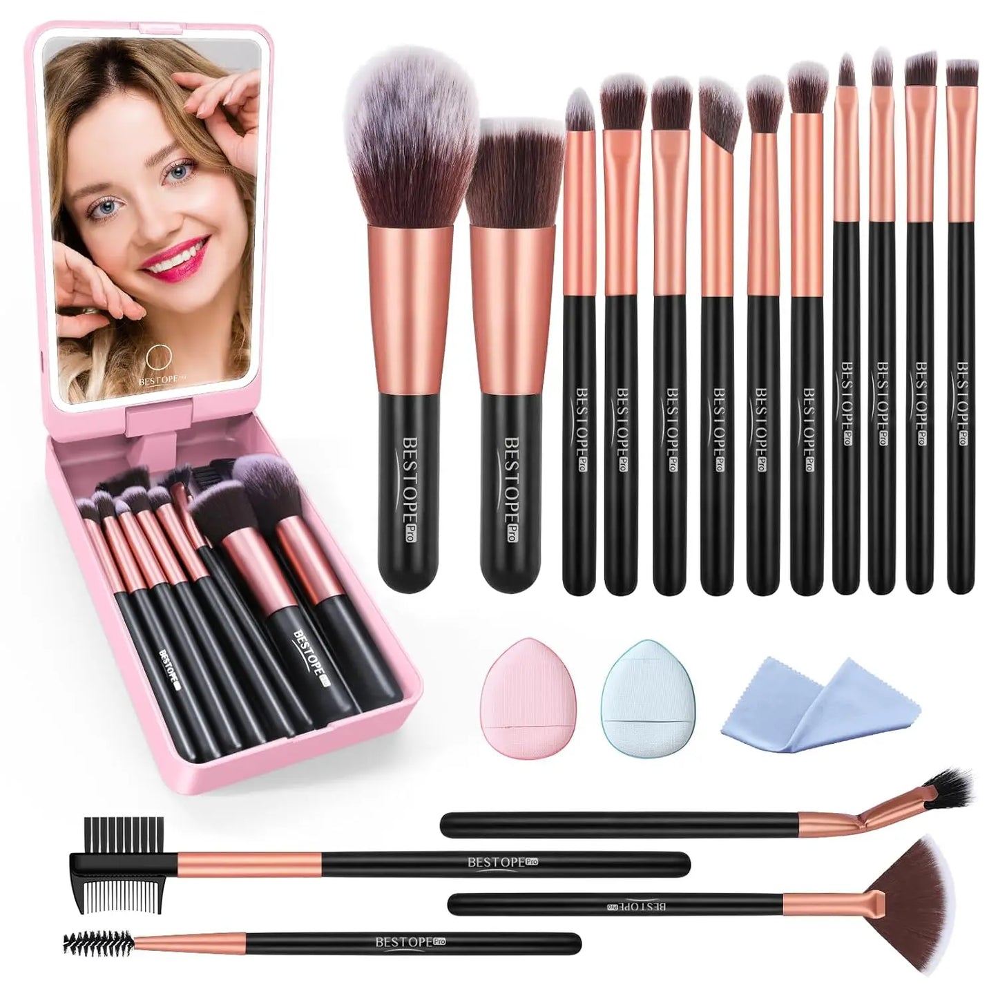 BESTOPE PRO Makeup Brushes with Case 20PCs Travel Set for Foundation Concealer