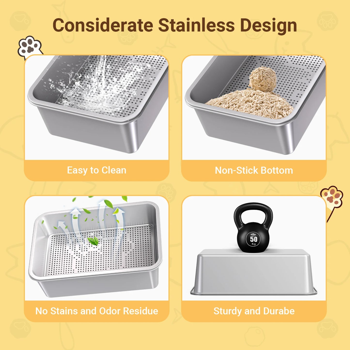 XXL Stainless Steel Cat Litter Box Sifting for Wood Pine Pellets for Big Cats Easy Clean Odor Control