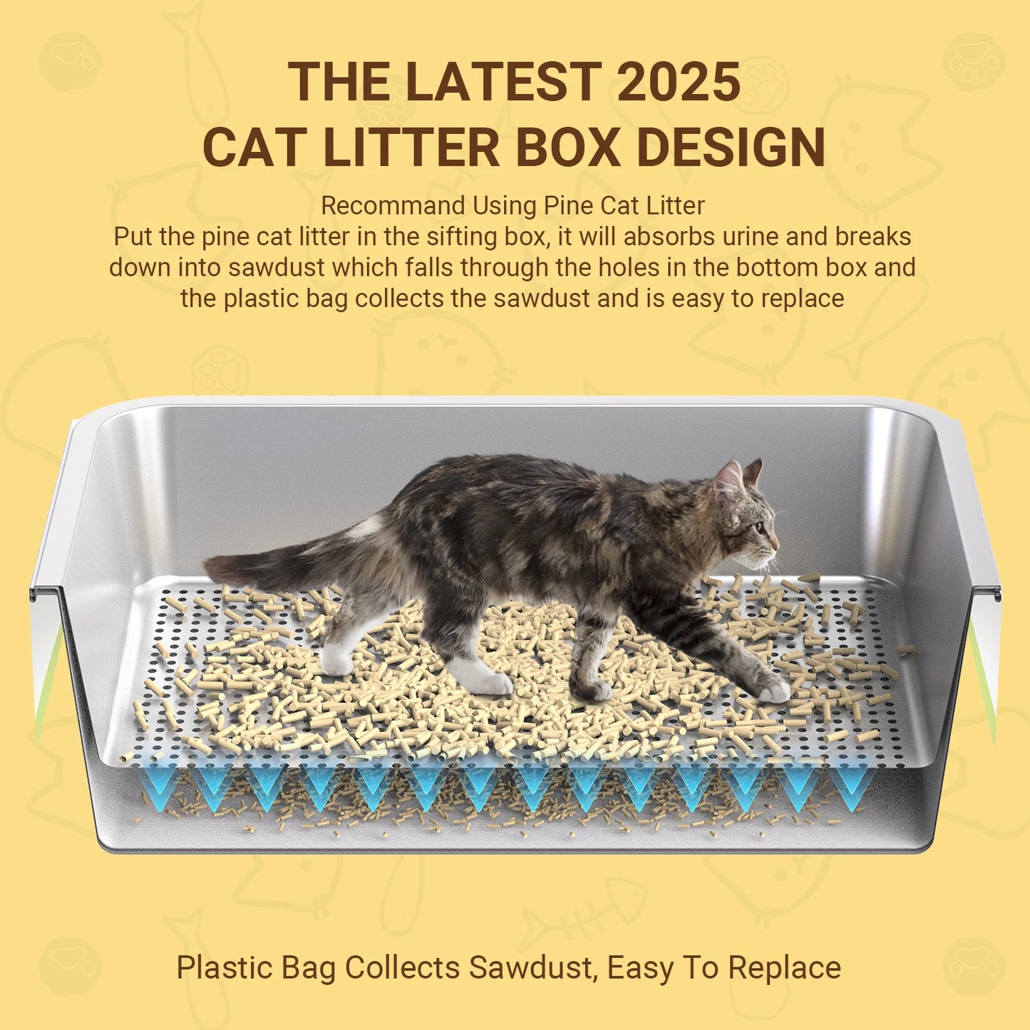XXL Stainless Steel Cat Litter Box Sifting for Wood Pine Pellets for Big Cats Easy Clean Odor Control