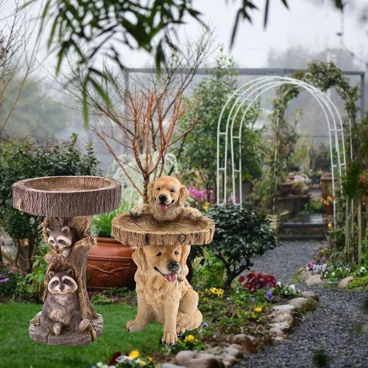 Resin Wild Bird Feeder, Backyard Decoration - Raccoon/Dog Animal Bird Feeder Statue, Standing Animal Bird Bath Plate, Suitable for Outdoor Bird Drinking Water Feeding Bathtub, Landscape Decorations, Family Outdoor Pond Garden