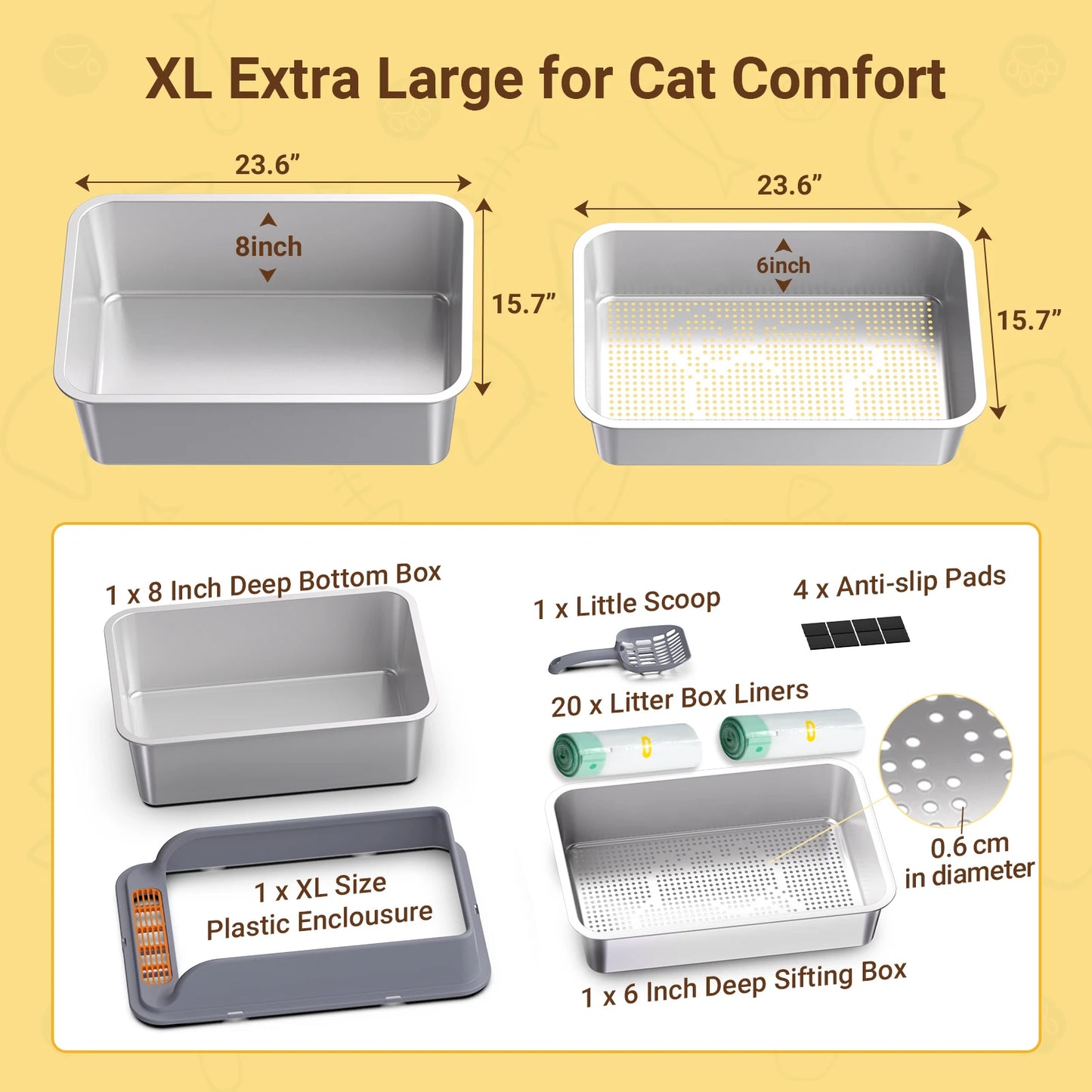 XXL Stainless Steel Cat Litter Box Sifting for Wood Pine Pellets for Big Cats Easy Clean Odor Control