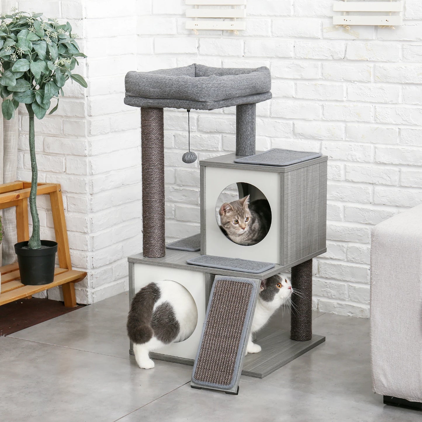 Multi-Level Stairs for Dog Cat Tree House Cando Natural Sisal Scratching Posts for Kitten Pet Tower with Cozy Bed