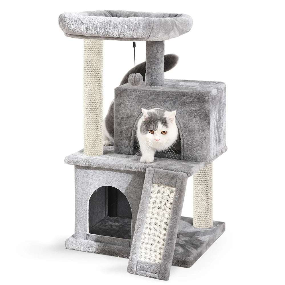 Multi-Level Stairs for Dog Cat Tree House Cando Natural Sisal Scratching Posts for Kitten Pet Tower with Cozy Bed