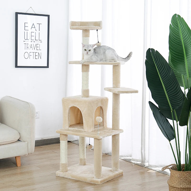 Multi-Level Stairs for Dog Cat Tree House Cando Natural Sisal Scratching Posts for Kitten Pet Tower with Cozy Bed
