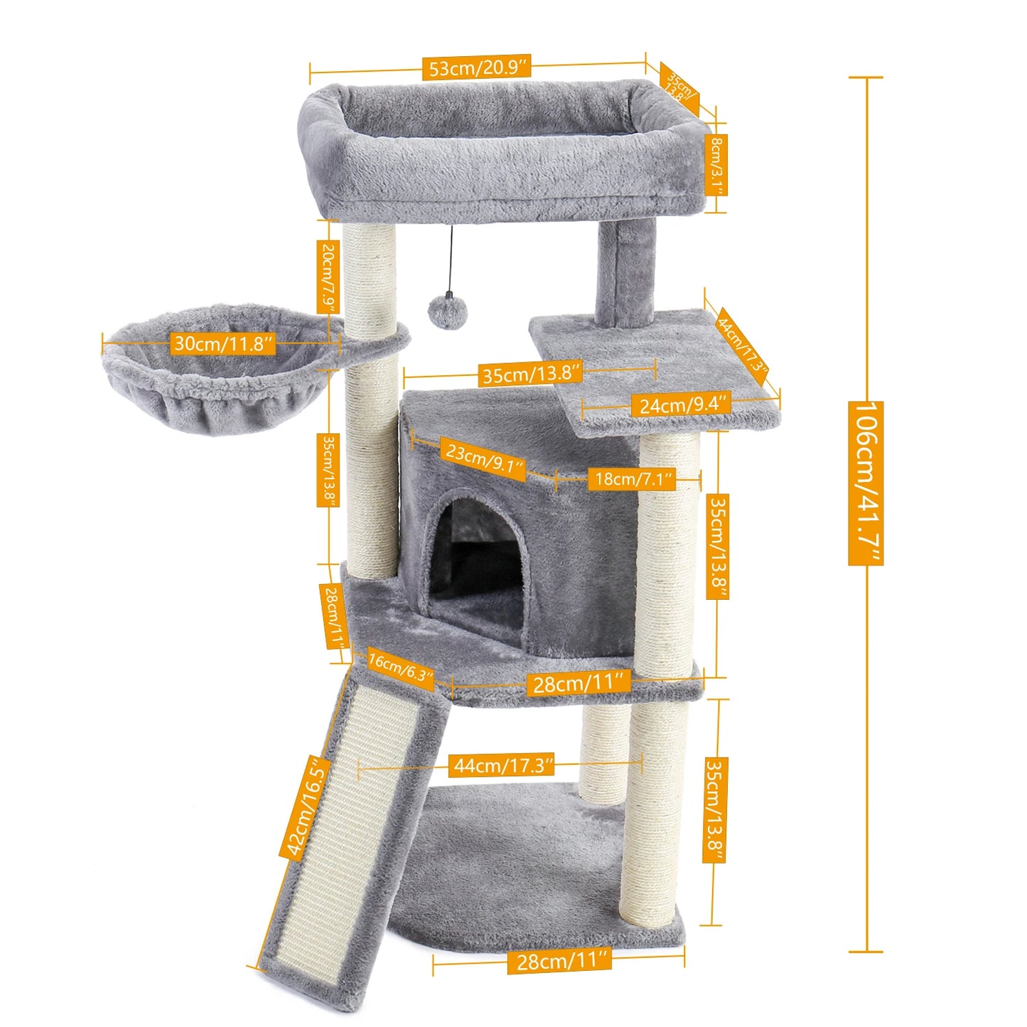 Multi-Level Stairs for Dog Cat Tree House Cando Natural Sisal Scratching Posts for Kitten Pet Tower with Cozy Bed