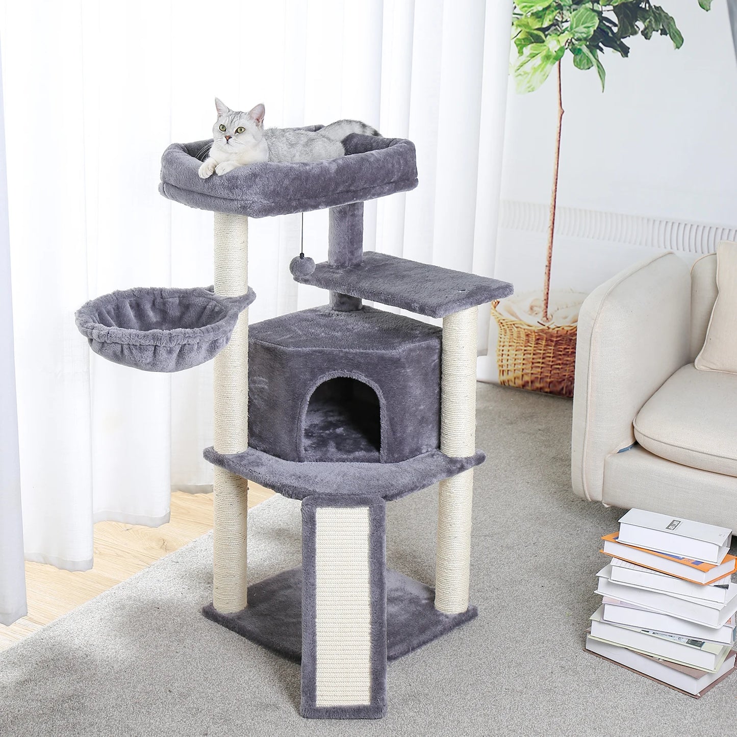 Multi-Level Stairs for Dog Cat Tree House Cando Natural Sisal Scratching Posts for Kitten Pet Tower with Cozy Bed