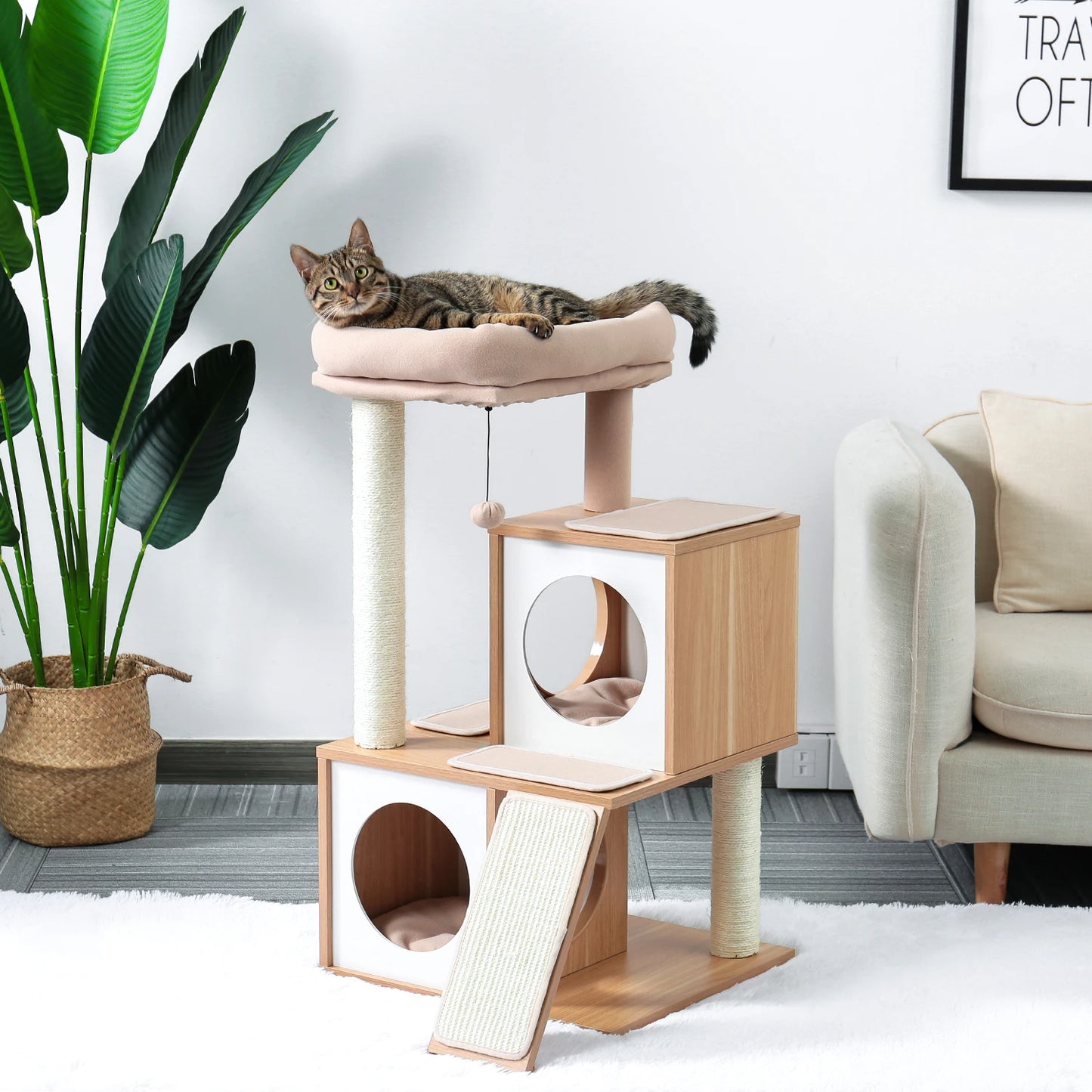Multi-Level Stairs for Dog Cat Tree House Cando Natural Sisal Scratching Posts for Kitten Pet Tower with Cozy Bed