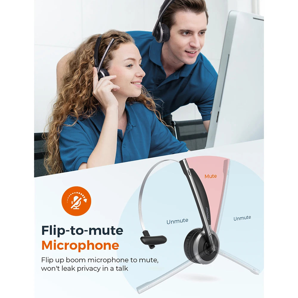 Mpow M5 Pro Bluetooth 5.0 Headphones with Mic and Charging Base Wireless Headset for PC Laptop Call Center Office 18H Talking Time