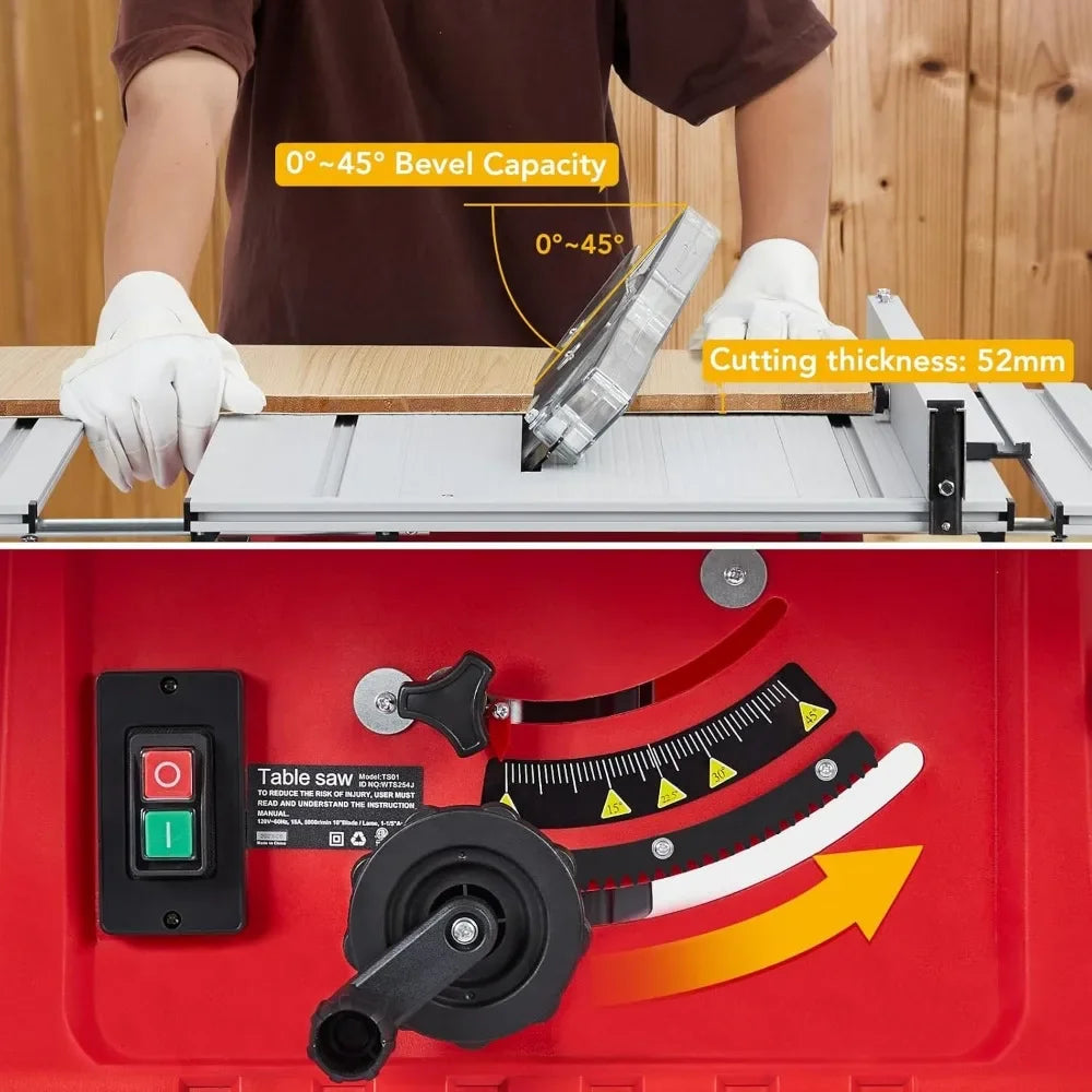 Table Saw 10 Inch, 15A Multifunctional Saw with Stand & Push Stick, 90° Cross Cut & 0-45° Bevel Cut, 5000RPM