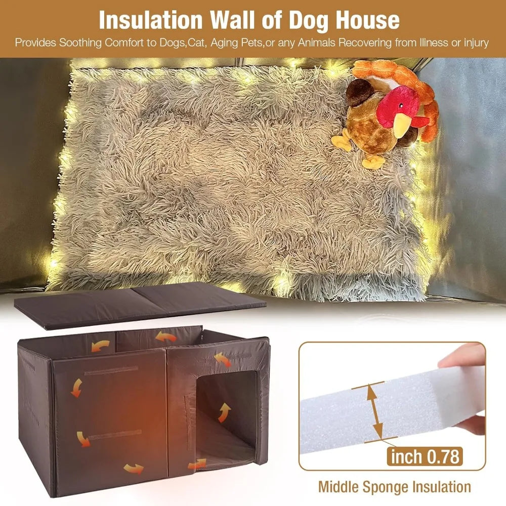 Extra Large Insulated Outdoor Dog Kennel 59 Inch With Movable Insulation Liner Weatherproof All Around Iron Anti Bite