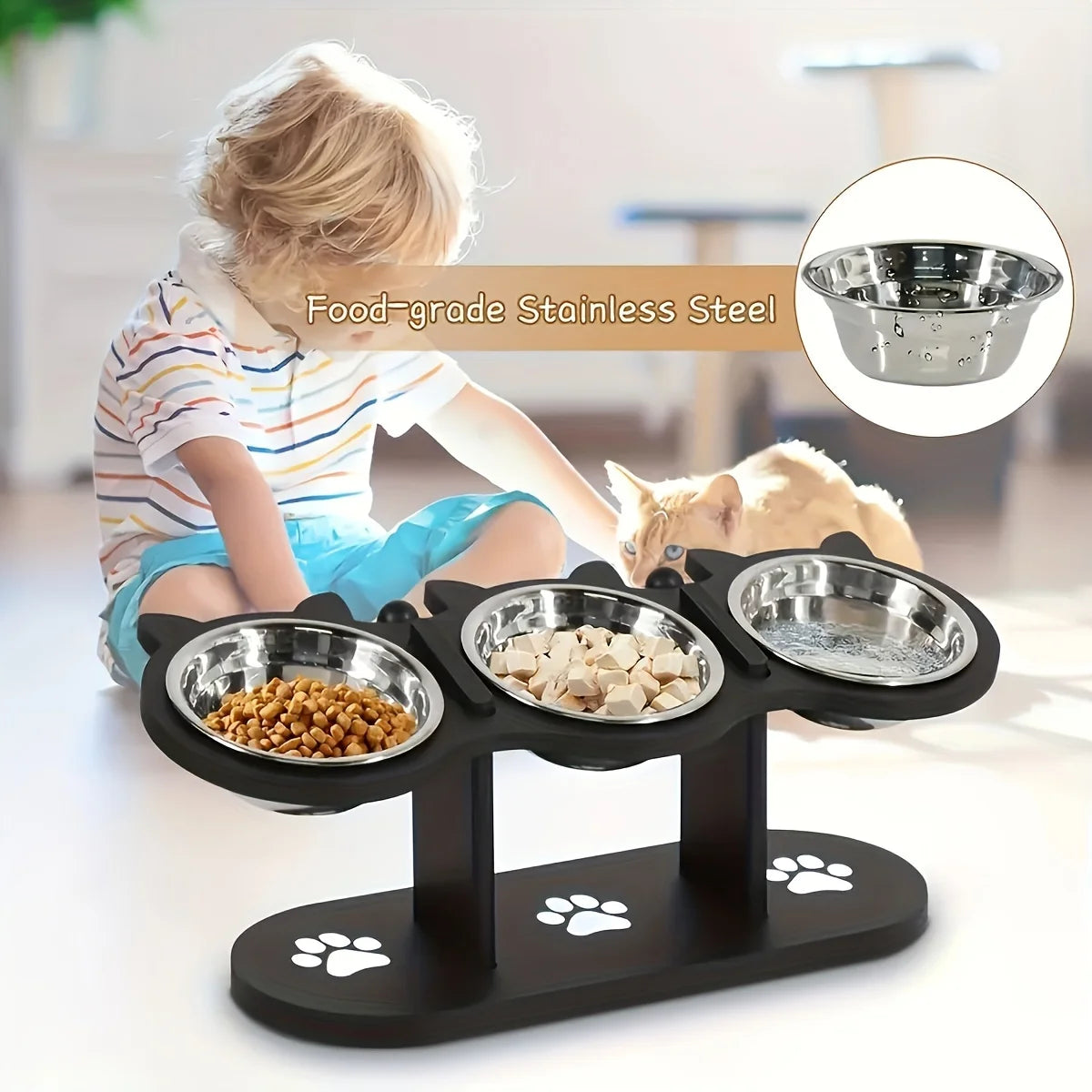 Elevated Tilted Cat Bowls 15 Degree Tilt With Wooden Stand Anti Vomiting 3 Stainless Steel Bowls For Cats And Puppies