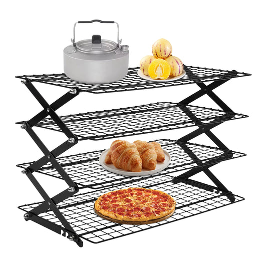 4-Tier Foldable Iron Cooling Rack, Outdoor Camping Black Stand Rack, Grilling Drying Rack for Picnic, BBQ to Hold Food, Utensils