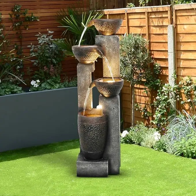 Outdoor Garden Water Fountain-Indoor Polyresin Waterfall Floor-Standing Fountains with LED Lights for Garden, Outdoor Fountain