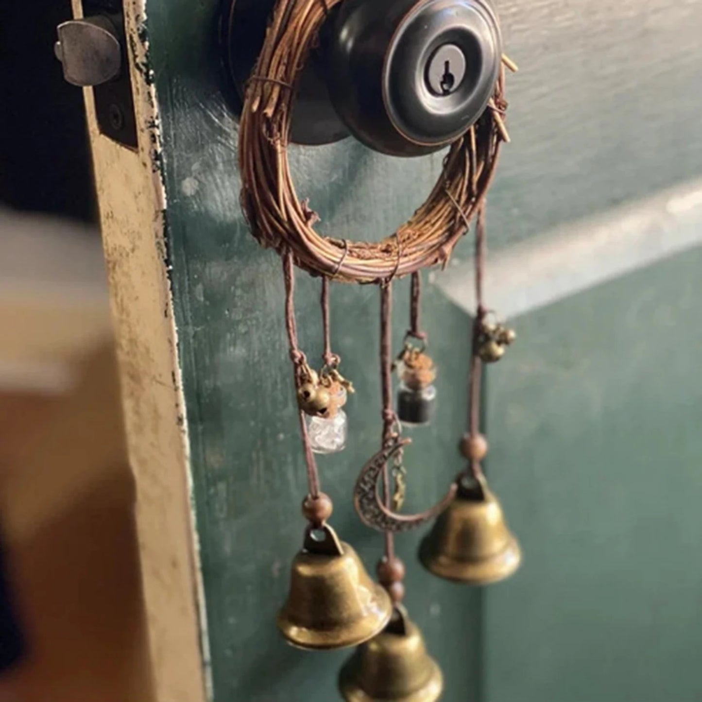 2PCS Handmade Hanging Witch Bell Protection Door Hanger Witch Wind Chime Wreath Magic Wind Chime Pendant Home Door Craft Decor