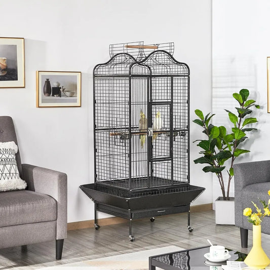 63'' Bird Cage with Stand Wrought Iron Rolling Open Play Top Large Bird Cage for Mini Macaw African Grey Amazon Parrot