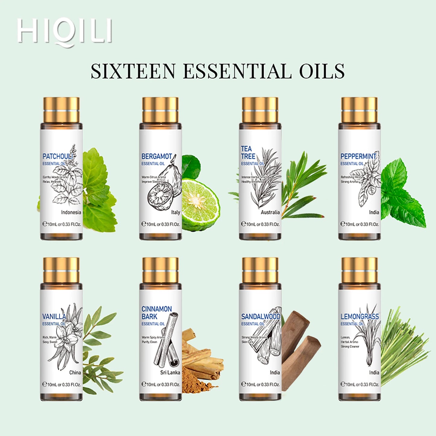 HIQILI 16 PCS 10ML Essential Oils Set Pure Lavender Eucalyptus Vanilla Jasmine Mint Rose for Diffuser Humidifier Candles