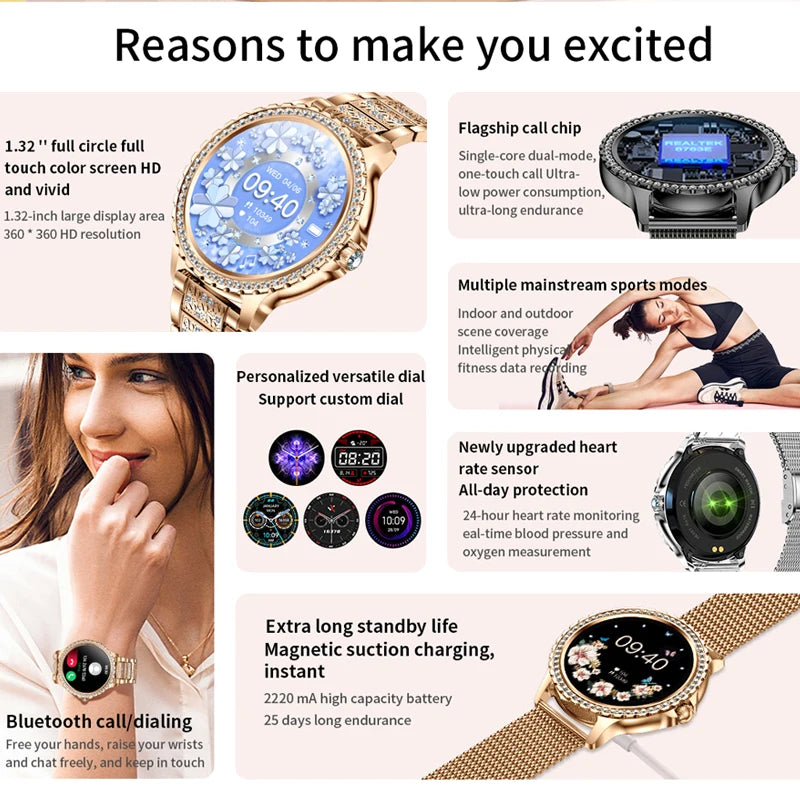 Xiaomi Mijia Women Smart Watch True Blood Oxygen 1.32Inch 360*360 HD Screen Diamond Bracelet Bluetooth Call Ladies