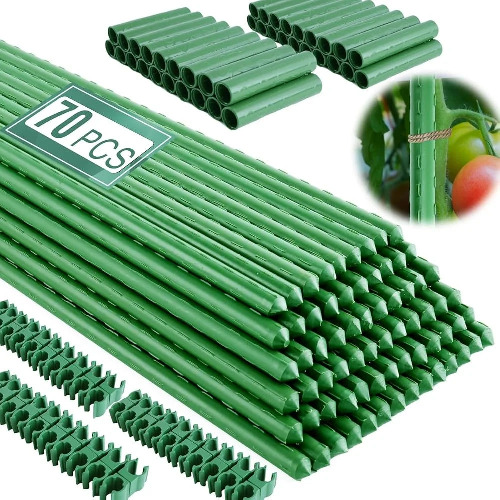 Garden Stakes 70 Pack 16in Plastic Coated Metal Plant Supports Adjustable Length Tomato Stakes Durable Outdoor Plant Ties Clips