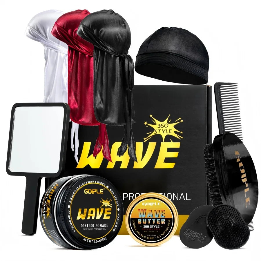 Wave Pomade 360 Style Greasy Pomade with Wave Brush Strong Hold Sport Wave Training Hair Cream for Layered Waves Moisture Shine